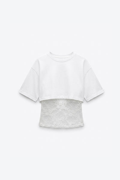 T-SHIRT COURT BI-MATIÈRE À DÉTAIL EN DENTELLE
