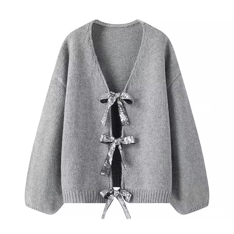 CARDIGAN TRICOTÉ À PAILLETTES AVEC NŒUD