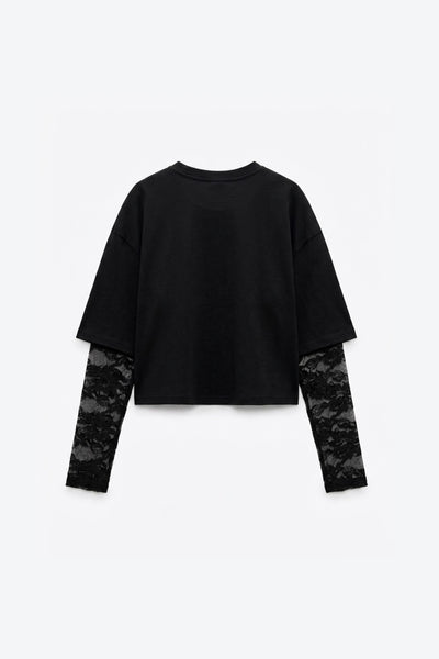 T-SHIRT BI-MATIÈRE À MANCHES EN DENTELLE