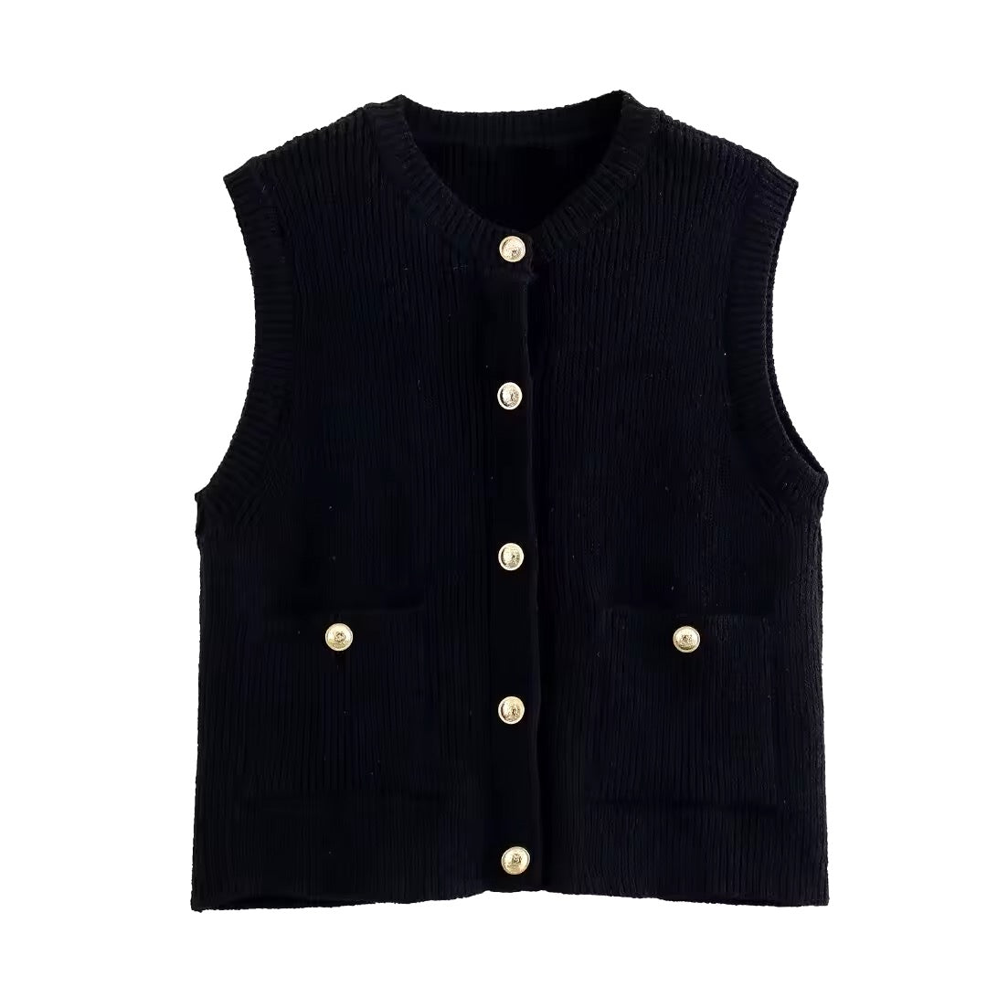 GILET EN MAILLE STRUCTURÉE À BOUTONS DORÉS