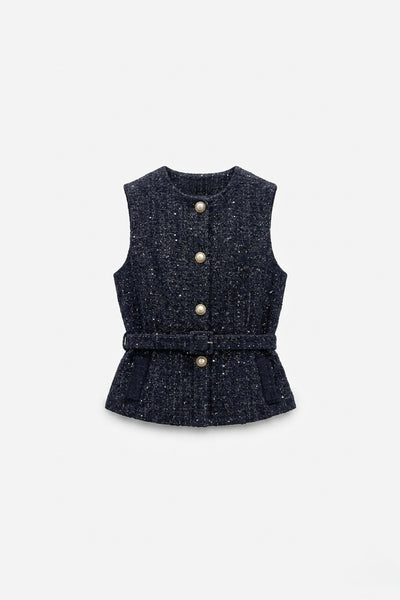 GILET SANS MANCHES EN TWEED À CEINTURE