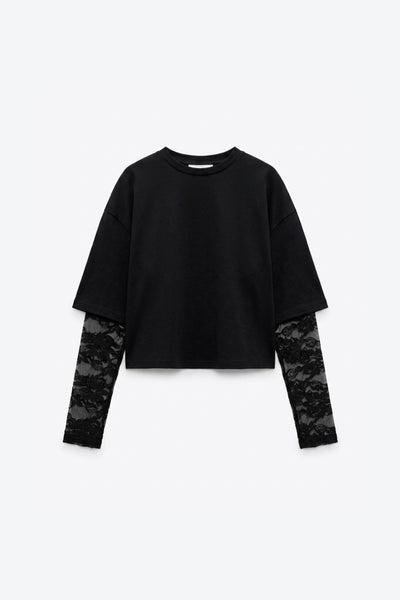 T-SHIRT BI-MATIÈRE À MANCHES EN DENTELLE