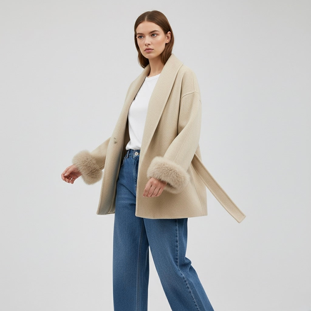 MANTEAU COURT CEINTURÉ À MANCHES FOURRÉES