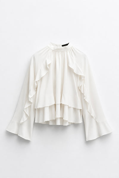 BLOUSE COURTE COL MONTANT VOLANTS