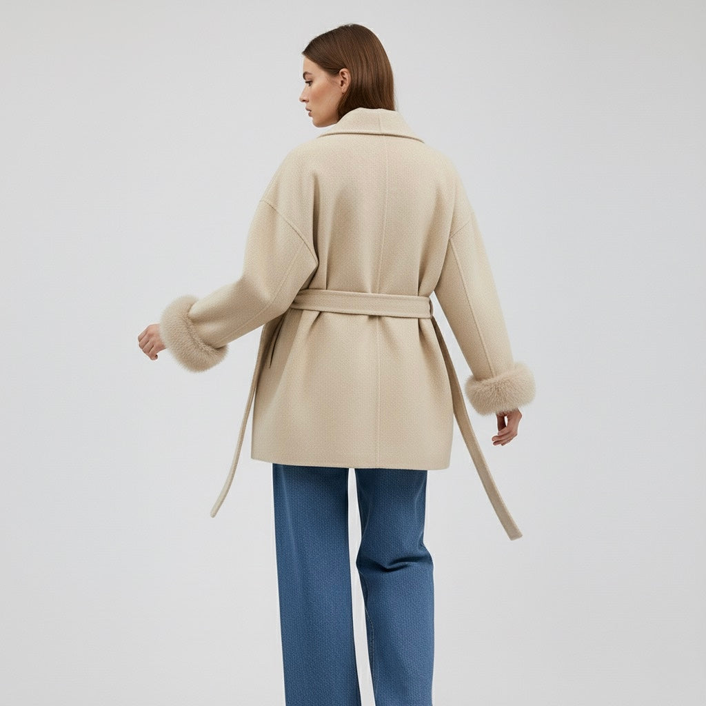 MANTEAU COURT CEINTURÉ À MANCHES FOURRÉES