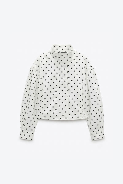 VESTE COURTE À COL MONTANT ET IMPRIMÉ POIS