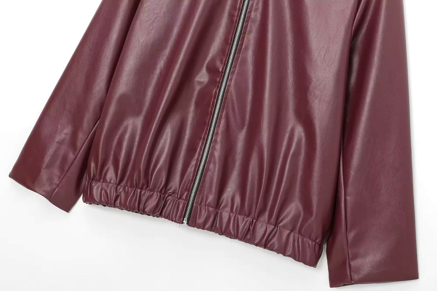 Veste courte en cuir PU bordeaux à fermeture éclair