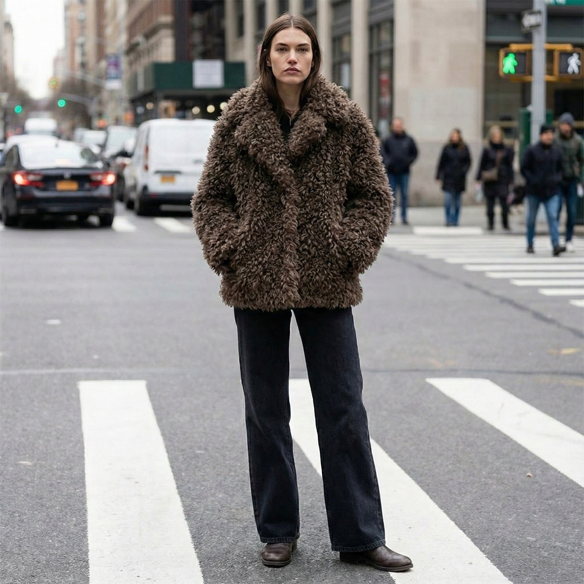 MANTEAU EFFET FOURRURE BOUCLÉE