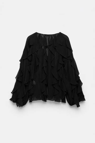 BLOUSE VOLANTÉE COL V MANCHES BOUFFANTES