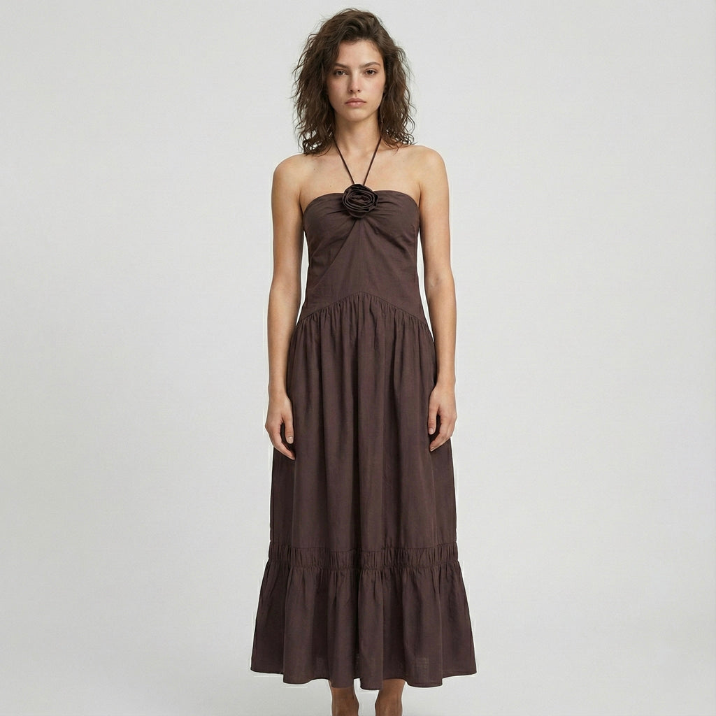 ROBE LONGUE À LIENS NUQUE ET DÉTAIL FLEUR