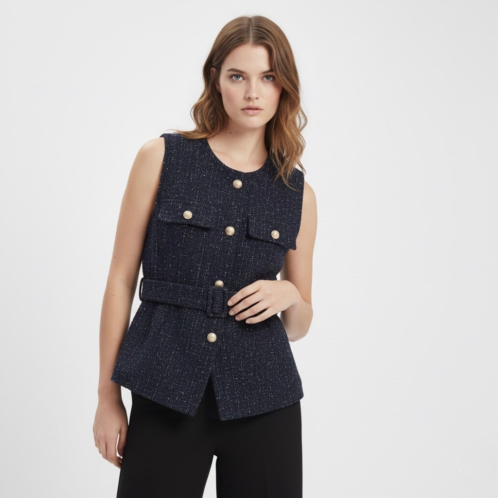 GILET SANS MANCHES EN TWEED À CEINTURE