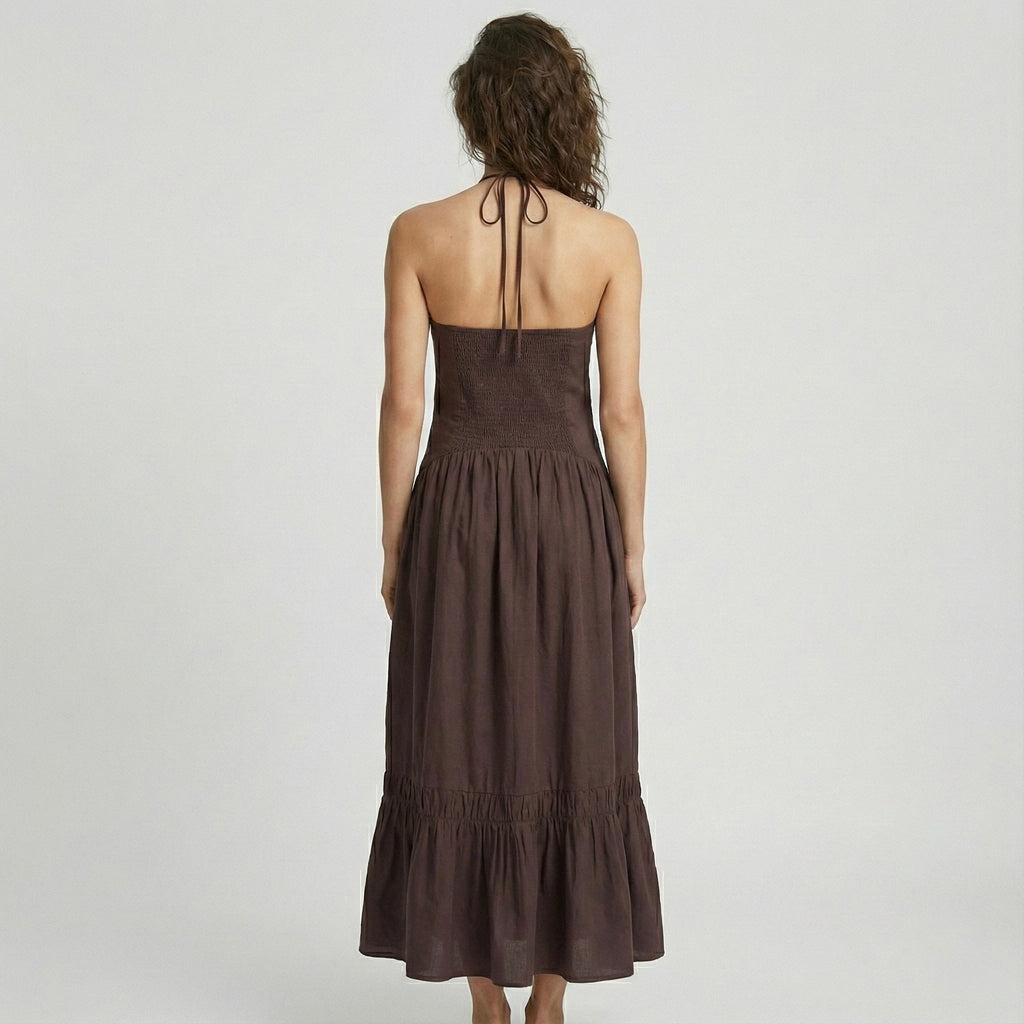 ROBE LONGUE À LIENS NUQUE ET DÉTAIL FLEUR