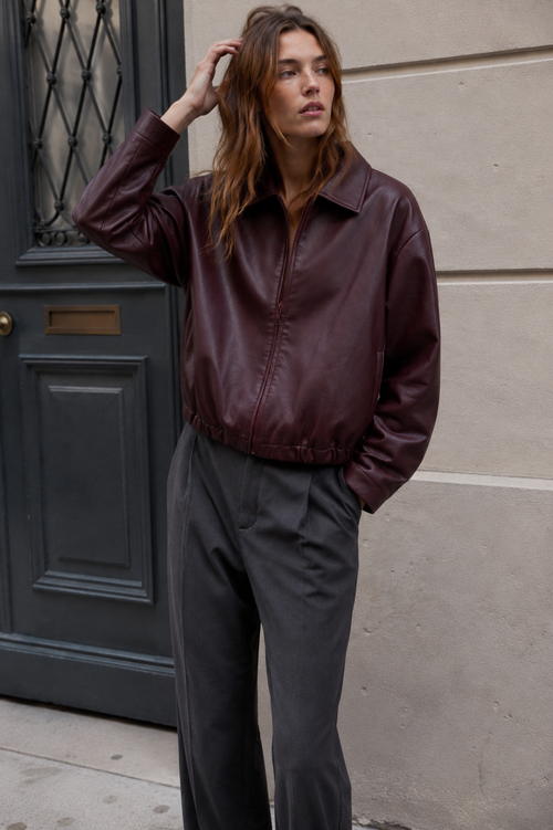 BLOUSON BOMBER EFFET CUIR À BASE ÉLASTIQUÉE