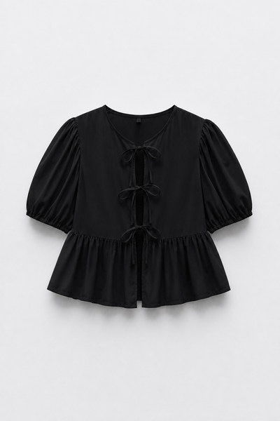 BLOUSE COURTE COL ROND MANCHES BOUFFANTES
