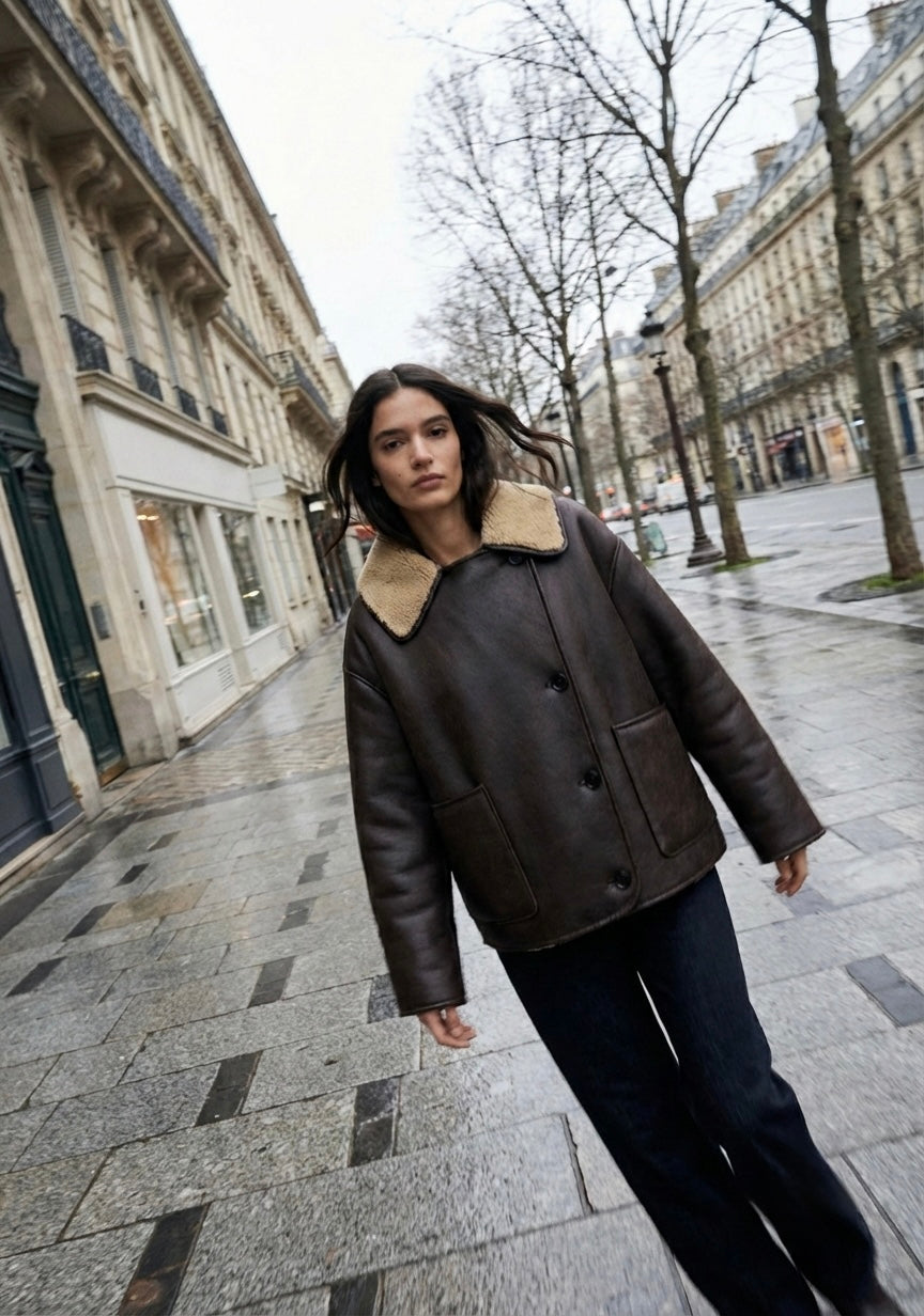 VESTE DROITE À COL LARGE ET PANNEAUX TEXTURÉS