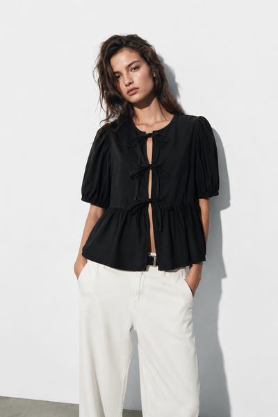 BLOUSE COURTE COL ROND MANCHES BOUFFANTES