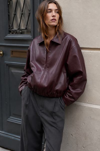 BLOUSON BOMBER EFFET CUIR À BASE ÉLASTIQUÉE