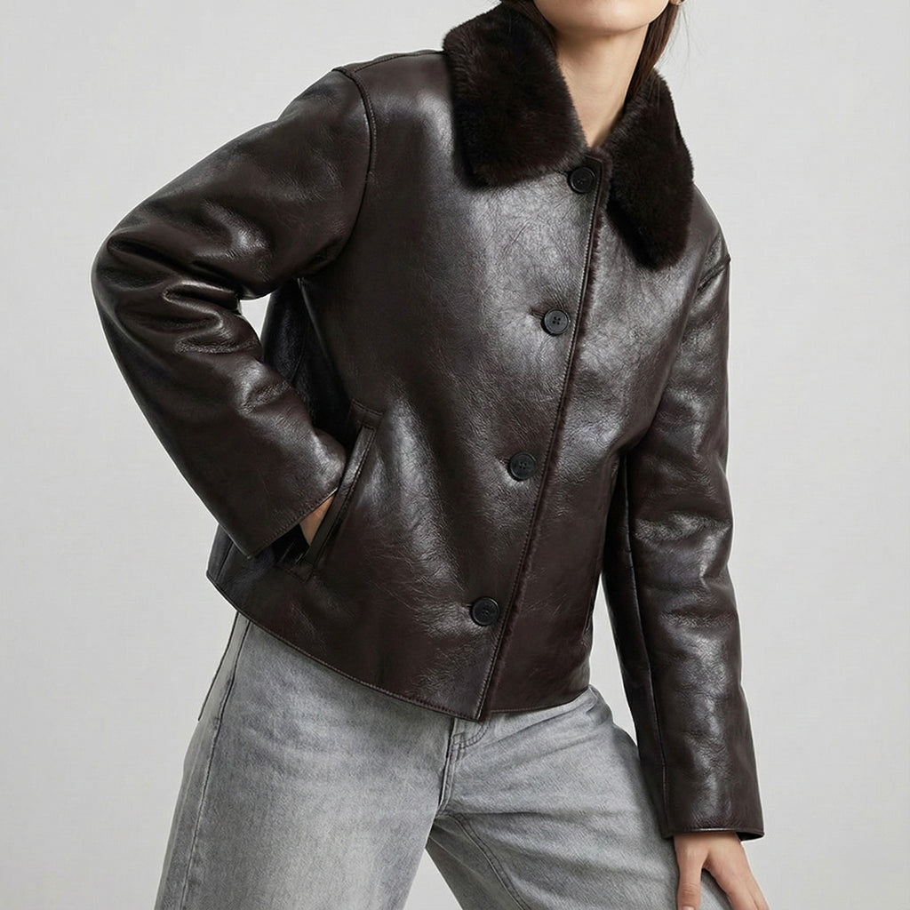 VESTE DROITE À COL EN EFFET FOURRURE