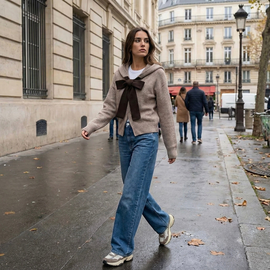 CARDIGAN À CAPUCHE ET NŒUD DEVANT