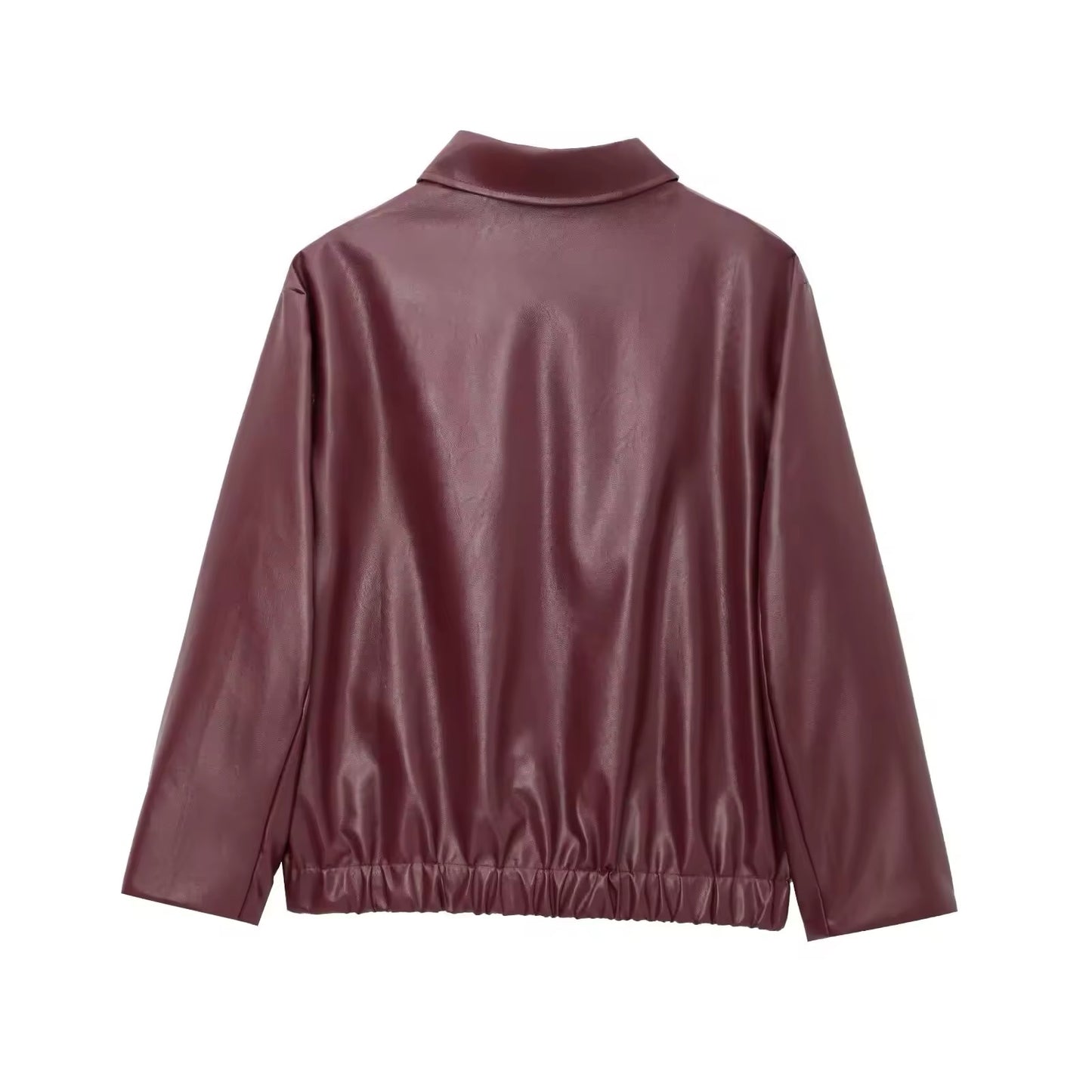 Veste courte en cuir PU bordeaux à fermeture éclair