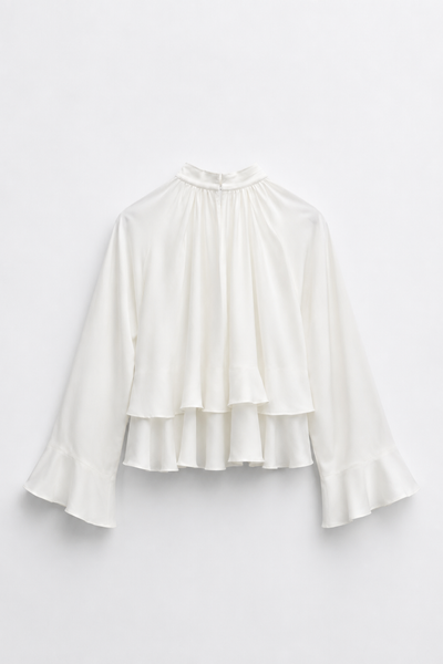 BLOUSE COURTE COL MONTANT VOLANTS