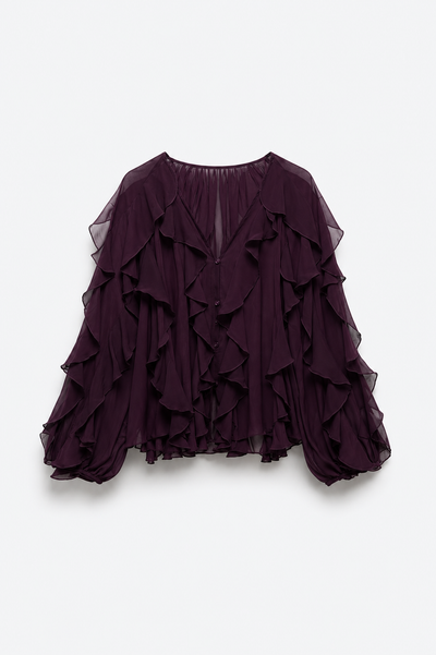 BLOUSE VOLANTÉE COL V MANCHES BOUFFANTES