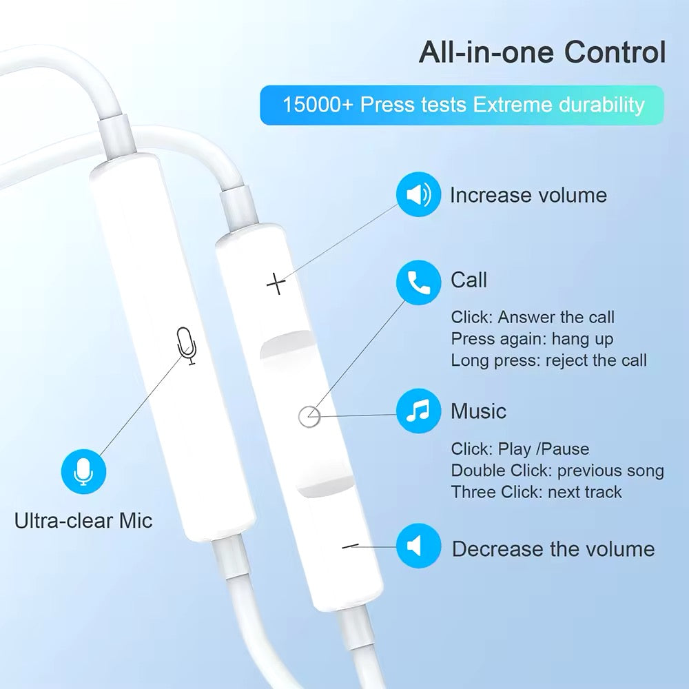 White Wired Headphones - iPhone / USB-C / 3.5mm Models