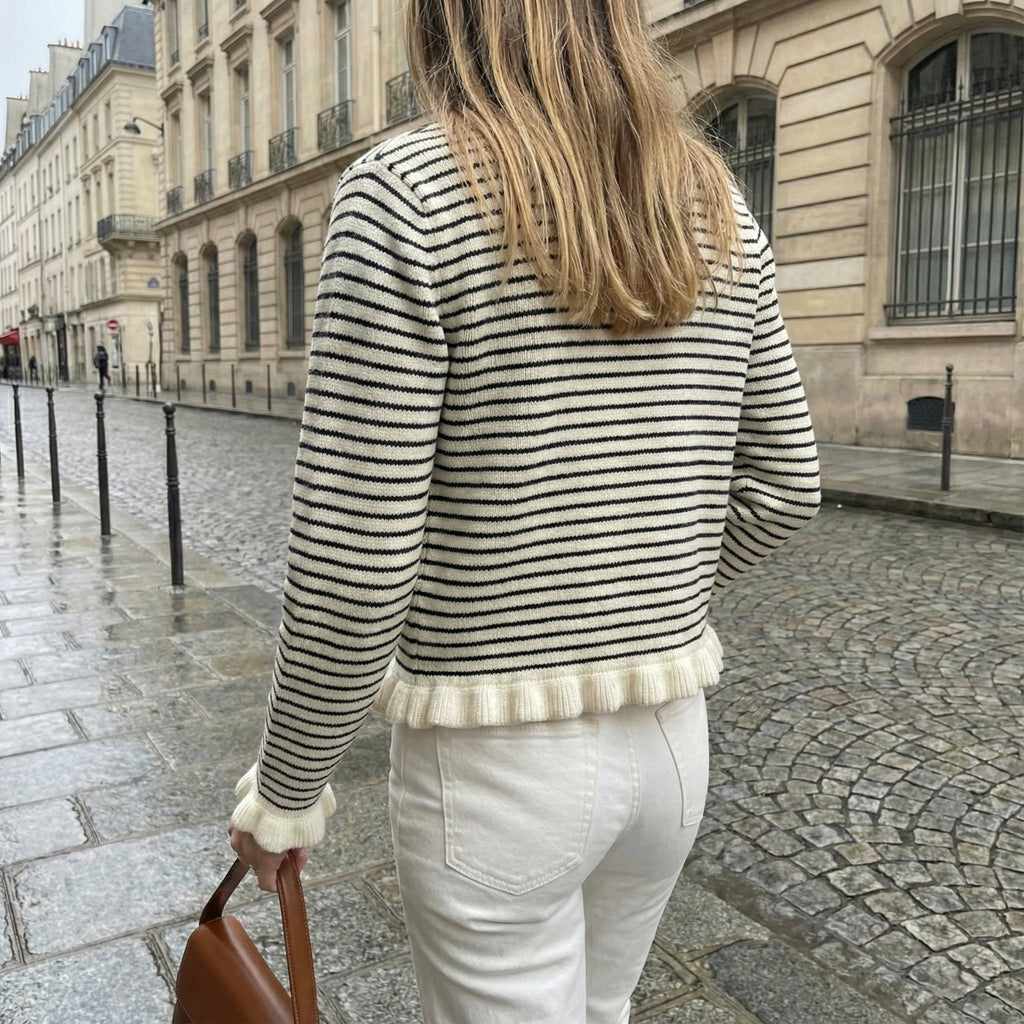 CARDIGAN RAYÉ À FINITIONS VOLANTÉES