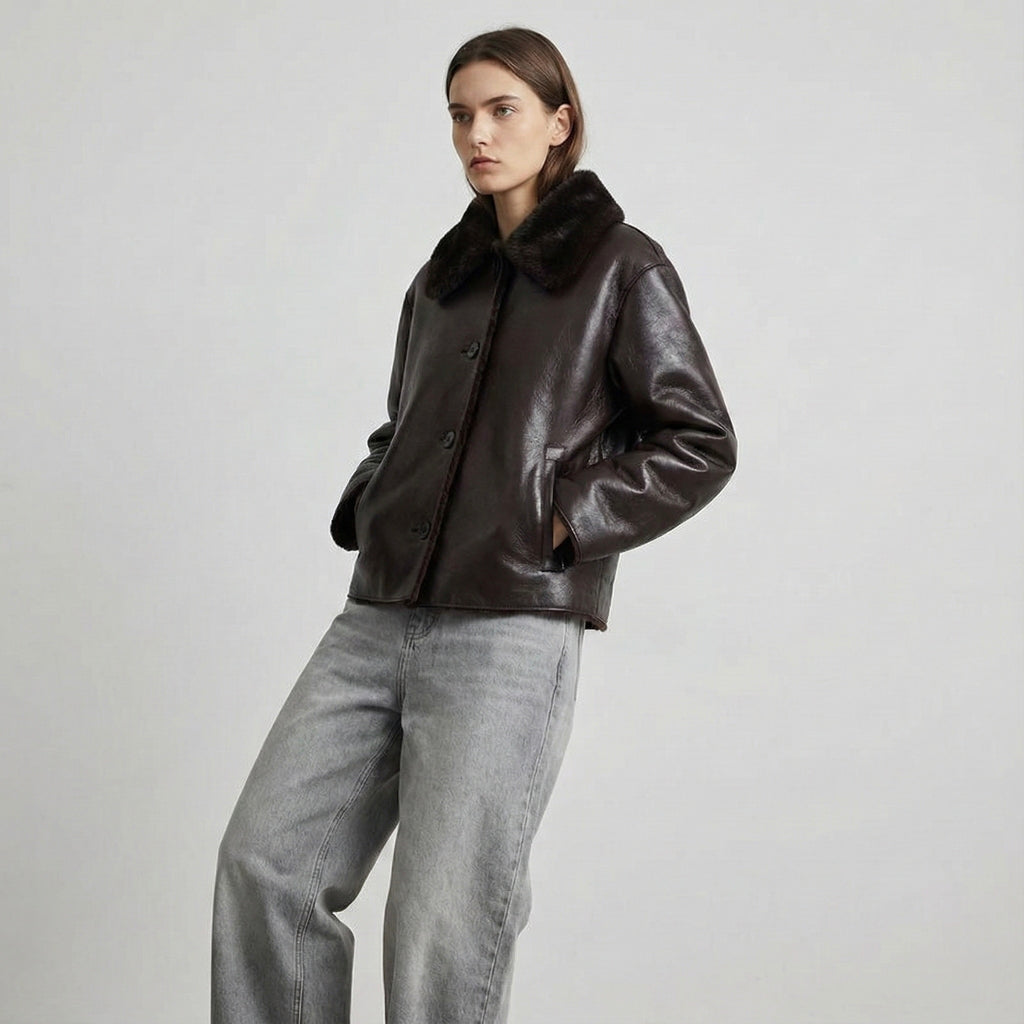 VESTE DROITE À COL EN EFFET FOURRURE