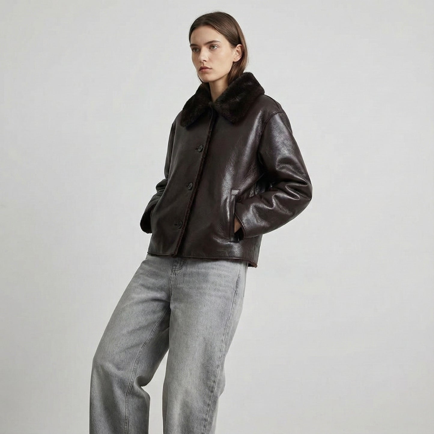 VESTE DROITE À COL EN EFFET FOURRURE