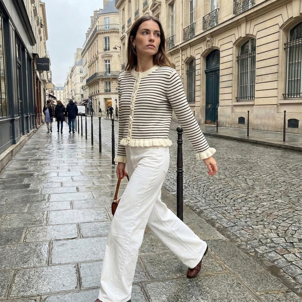 CARDIGAN RAYÉ À FINITIONS VOLANTÉES