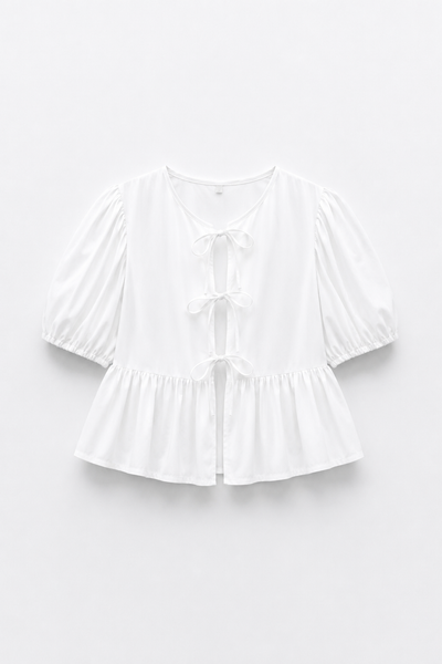 BLOUSE COURTE COL ROND MANCHES BOUFFANTES