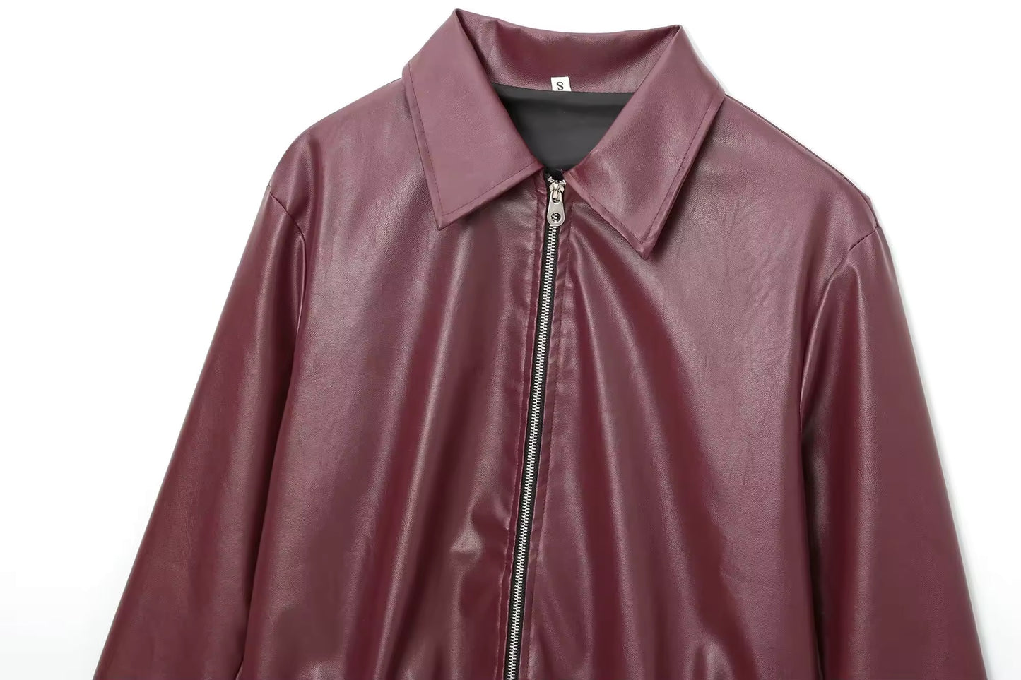 Veste courte en cuir PU bordeaux à fermeture éclair