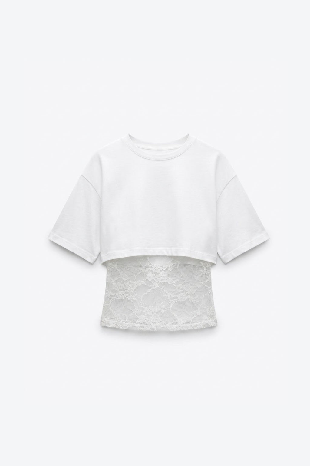 T-SHIRT COURT BI-MATIÈRE À DÉTAIL EN DENTELLE