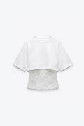 T-SHIRT COURT BI-MATIÈRE À DÉTAIL EN DENTELLE
