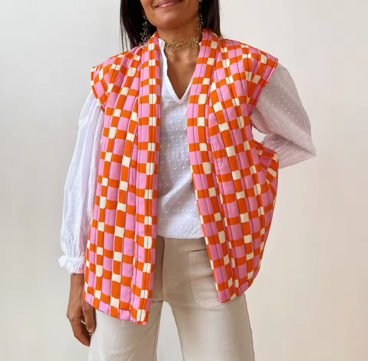 GILET MATELASSÉ À MOTIF VICHY