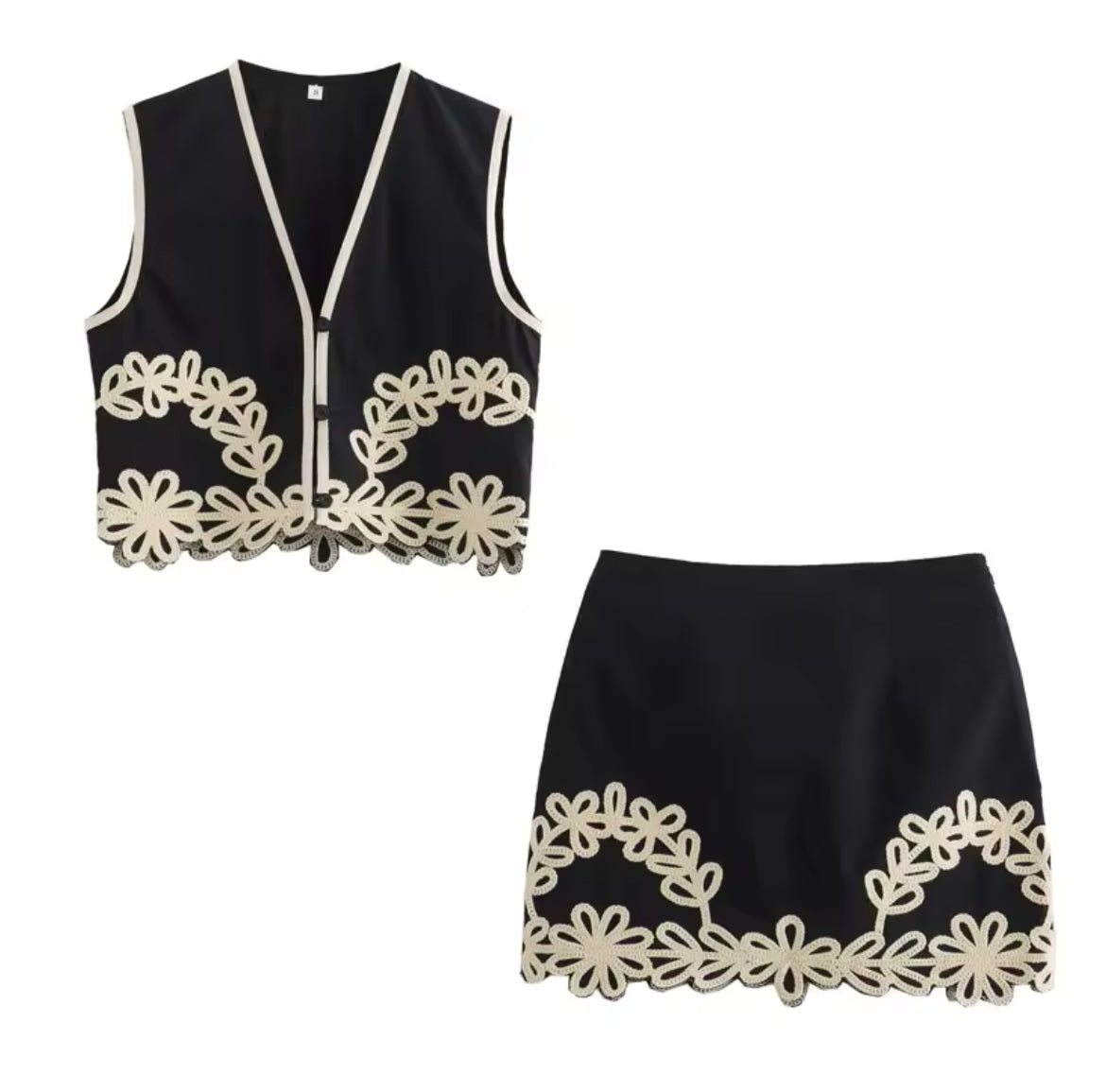 ENSEMBLE GILET RT JUPE À BRODERIES