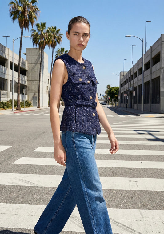 GILET SANS MANCHES EN TWEED À CEINTURE