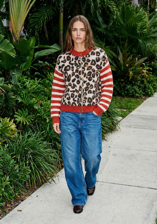 CARDIGAN À IMPRIMÉ LÉOPARD ET RAYURES