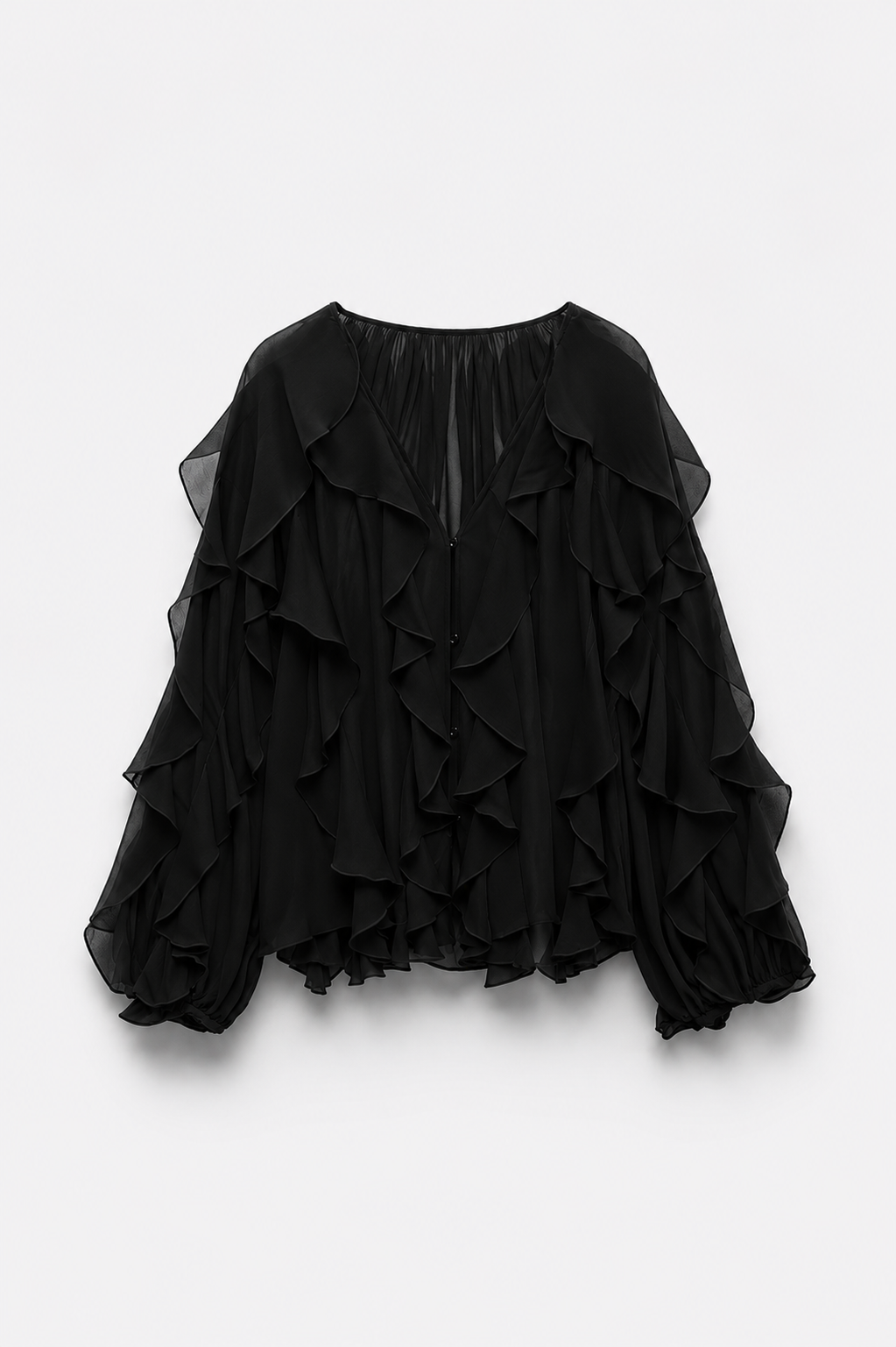 BLOUSE VOLANTÉE COL V MANCHES BOUFFANTES