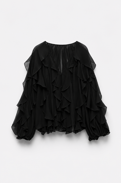 BLOUSE VOLANTÉE COL V MANCHES BOUFFANTES