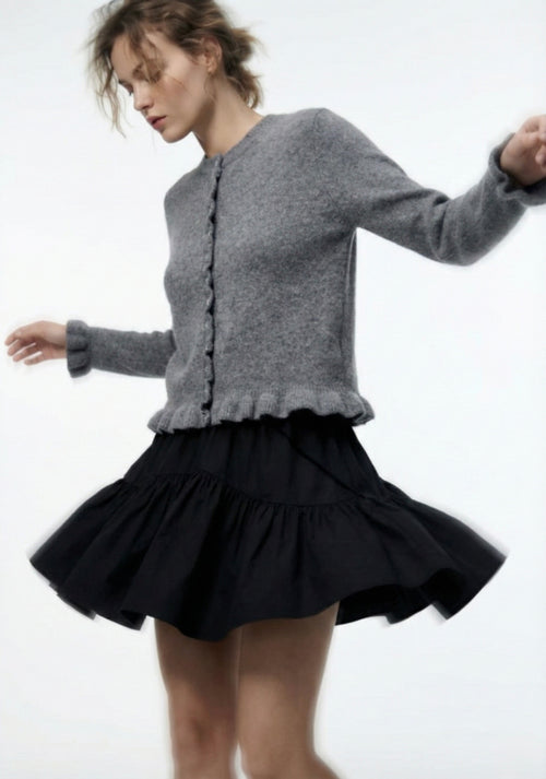 RUFFLED CARDIGAN WITH PEARL BUTTONS
