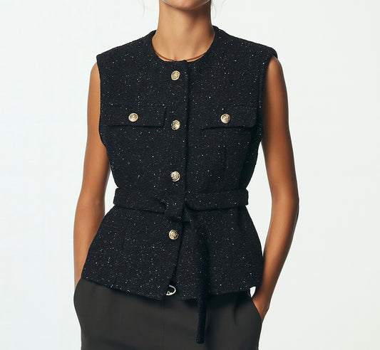 GILET SANS MANCHES EN TWEED À CEINTURE