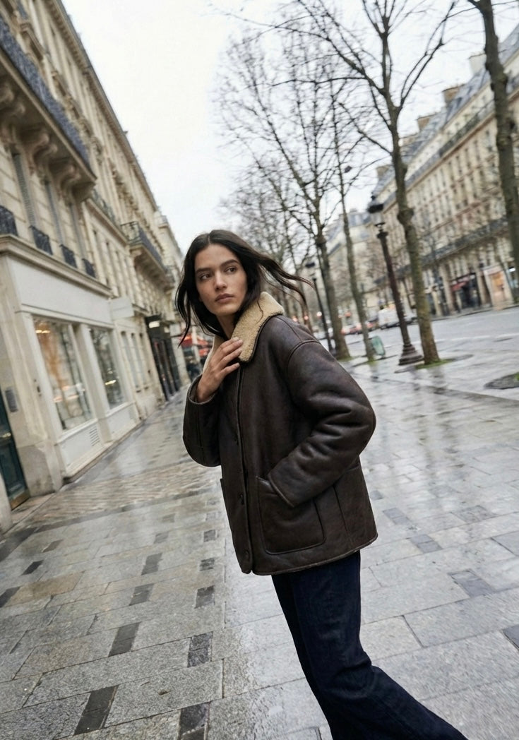 VESTE DROITE À COL LARGE ET PANNEAUX TEXTURÉS