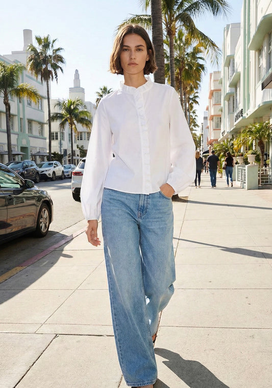 BLOUSE COL MONTANT À FRONCES