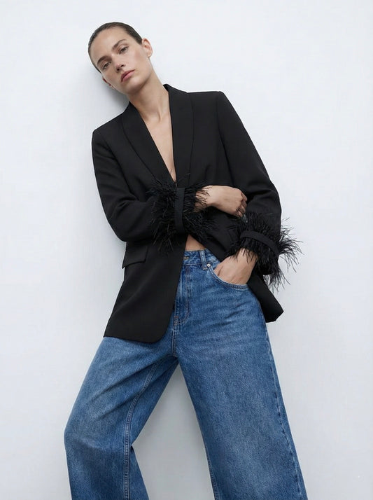 BLAZER LONG AVEC DÉTAILS PLUMES