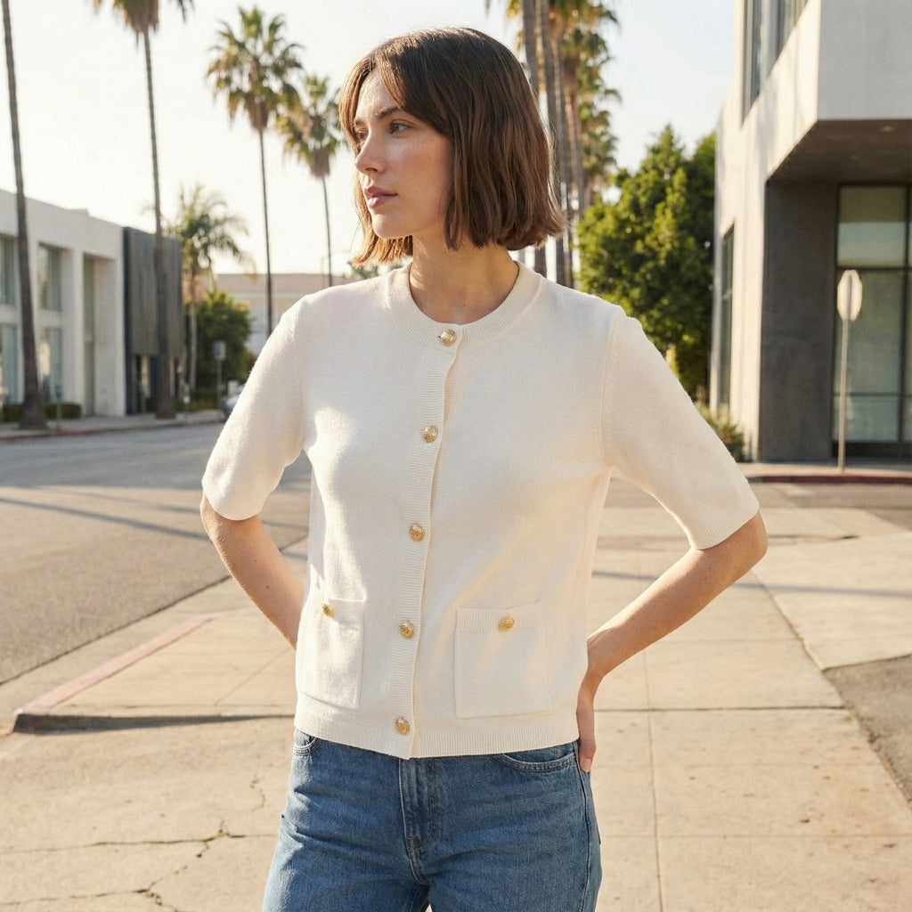 CARDIGAN MAILLE STRUCTURÉE À POCHES ET BOUTONS MÉTAL