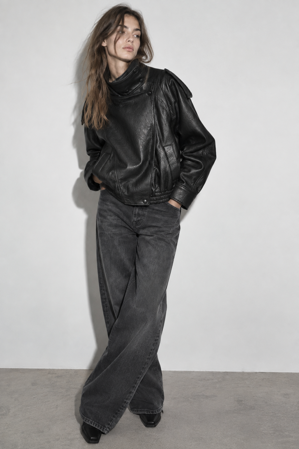 LEATHER-EFFECT STAND-COLLAR BOMBER JACKET