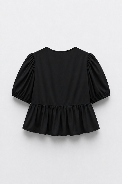 BLOUSE COURTE COL ROND MANCHES BOUFFANTES