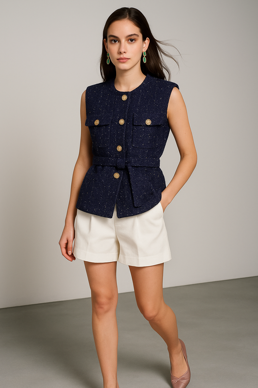 GILET SANS MANCHES EN TWEED À CEINTURE